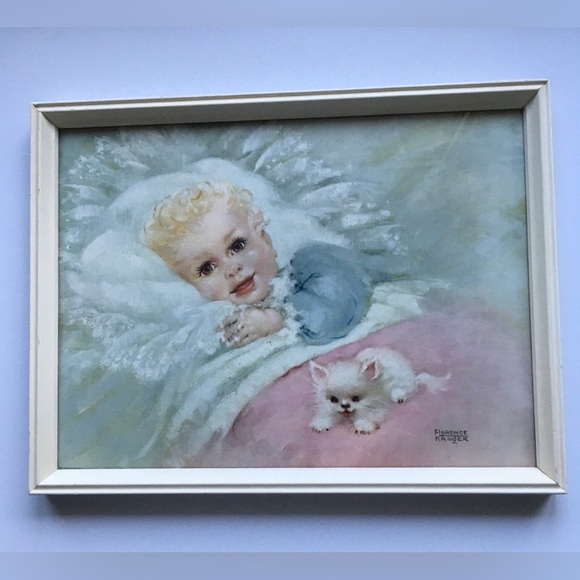 1950's D.A.C. Framed Florence Kroger Print Baby & Kitten "Wake Up Time" - Picture 6 of 10
